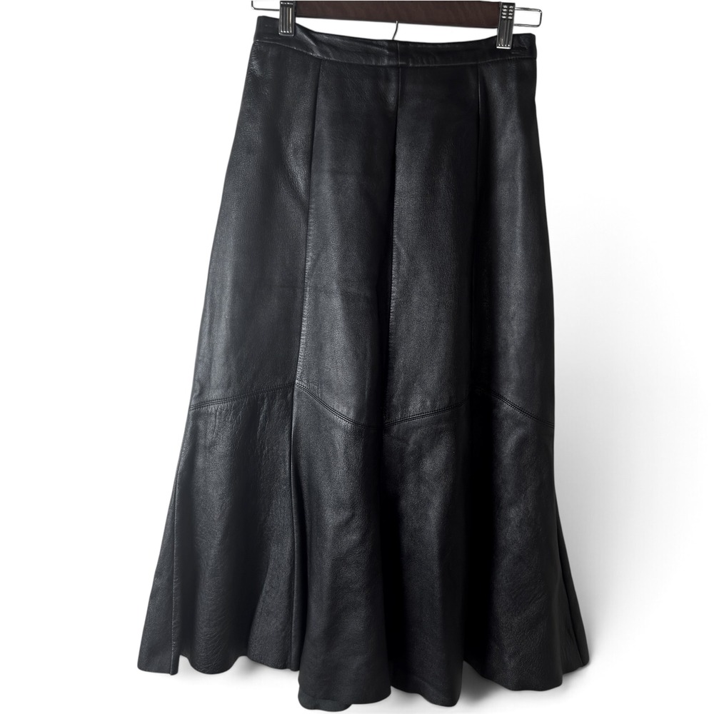 Vintage Aggie Georgette Chordas Black Leather Godet Maxi Skirt 10 USA 80s - Picture 3 of 11